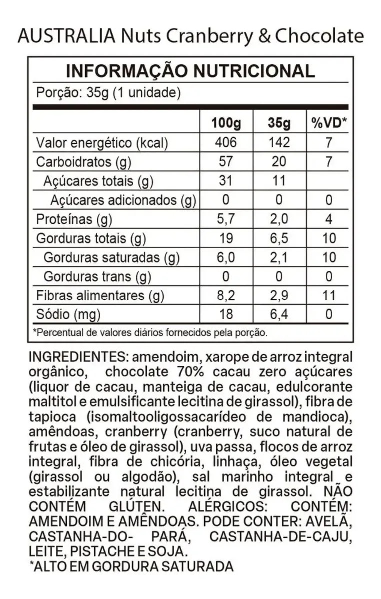 Australia Barra Nuts Cranberry E Chocolate 35G - Imagem 2