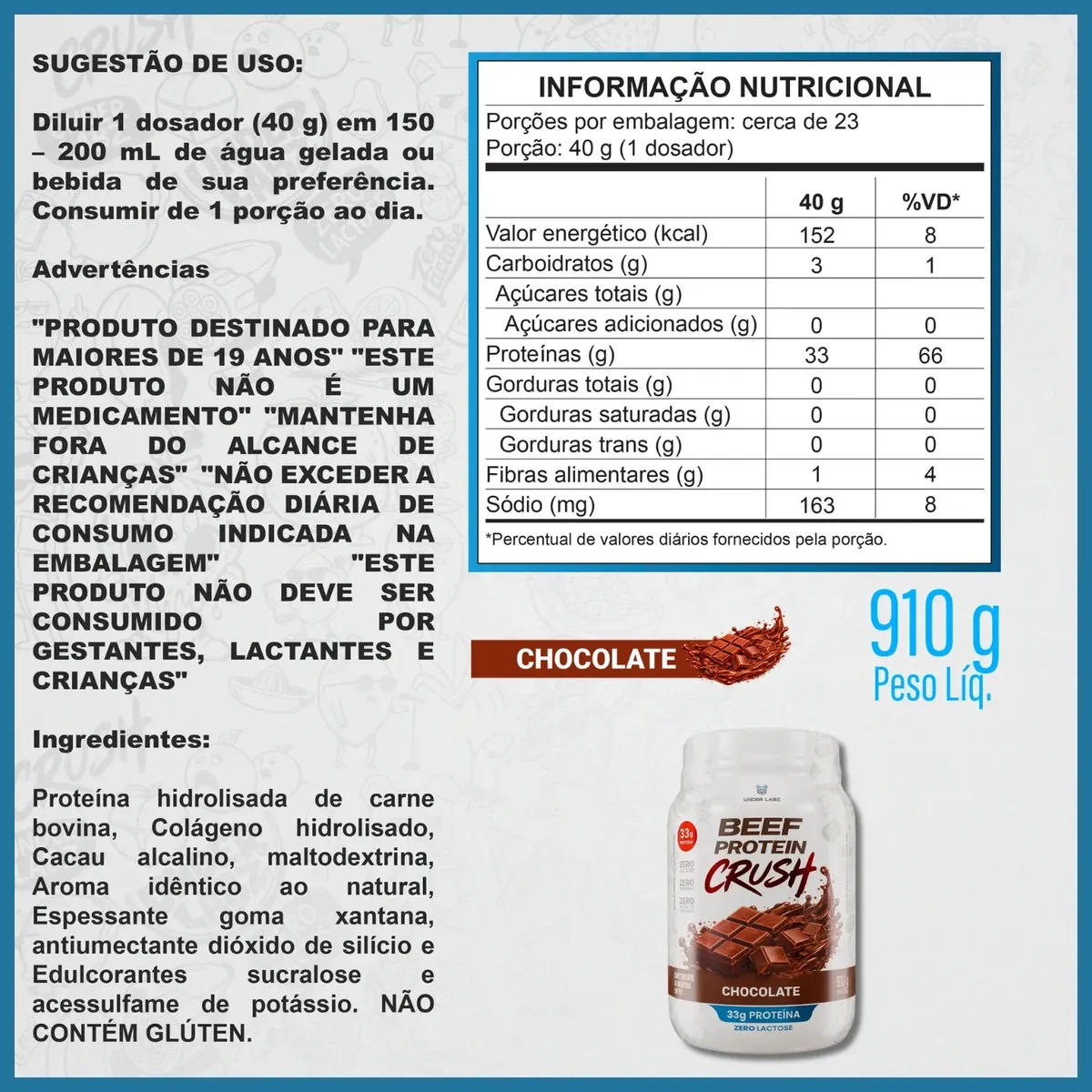 Under Labz Beef Protein Crush Chocolate 910G - Imagem 3